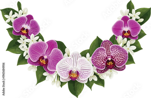 A beautiful floral arrangement of purple orchids and white flowers on green leaves