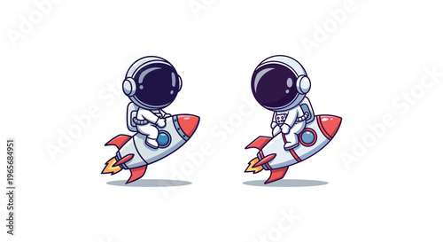 Two cartoon astronauts on rockets.
