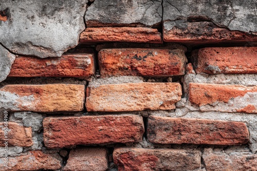 Close-up of weathered brick wall with cracked plaster, showing texture and detail