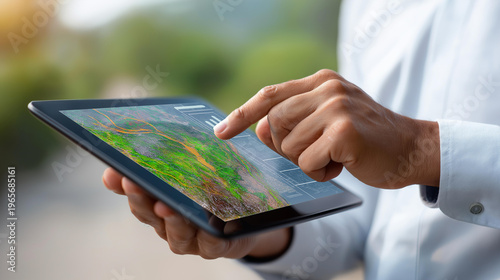 GIS specialist using a tablet with a digital interface overlay showing geospatial data, satellite imagery, and geographic mapping trends, spatial analysis concept, defocused