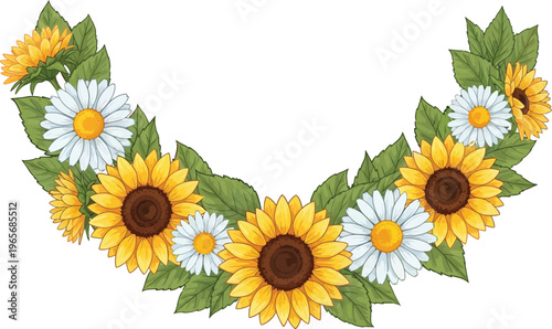 A beautiful floral arrangement of sunflowers and daisies on a white background