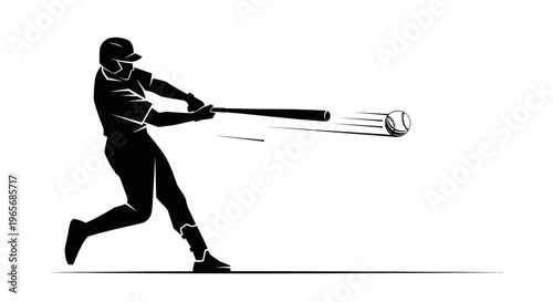 Dynamic black silhouette of a baseball player hitting a fast-moving ball with a bat, showing action and speed.
