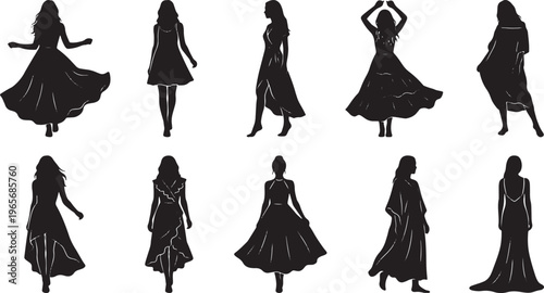 Black silhouette fashion of women in various dresses and poses black silhouettes fashion women long sleeves