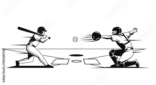 Dynamic black and white illustration of a baseball batter swinging at a fast pitch with a catcher ready behind home plate, depicting intense game action.