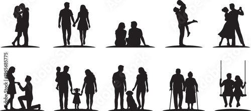 Black silhouette figures of diverse people in various poses and activities on a white background black silhouettes