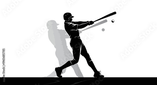 Dynamic silhouette of a baseball player hitting a ball with a bat, showing powerful swing and motion.