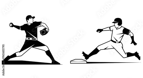 Black and white graphic illustration of a baseball pitcher throwing and a base runner sliding into a base.