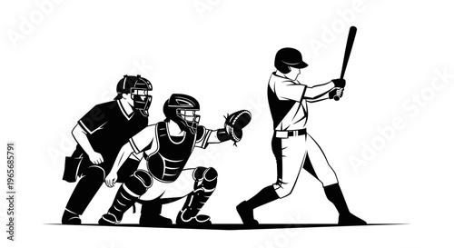 Black and white graphic illustration of a baseball game with a batter, catcher, and umpire.