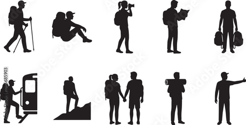 Black silhouette figures performing various daily activities and tasks in a minimalist style black silhouettes