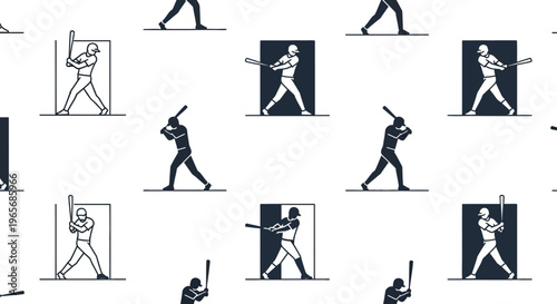 Baseball Pattern: Dynamic pattern of baseball player illustration with a bat in motion, set against alternating backgrounds, showcasing the energetic and competitive spirit of the game.