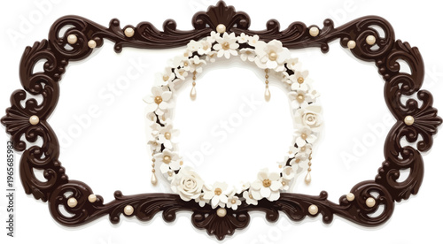 A beautifully crafted dark brown ornate picture frame with a floral wreath on a white background