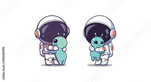 Astronauts holding cute alien creatures.