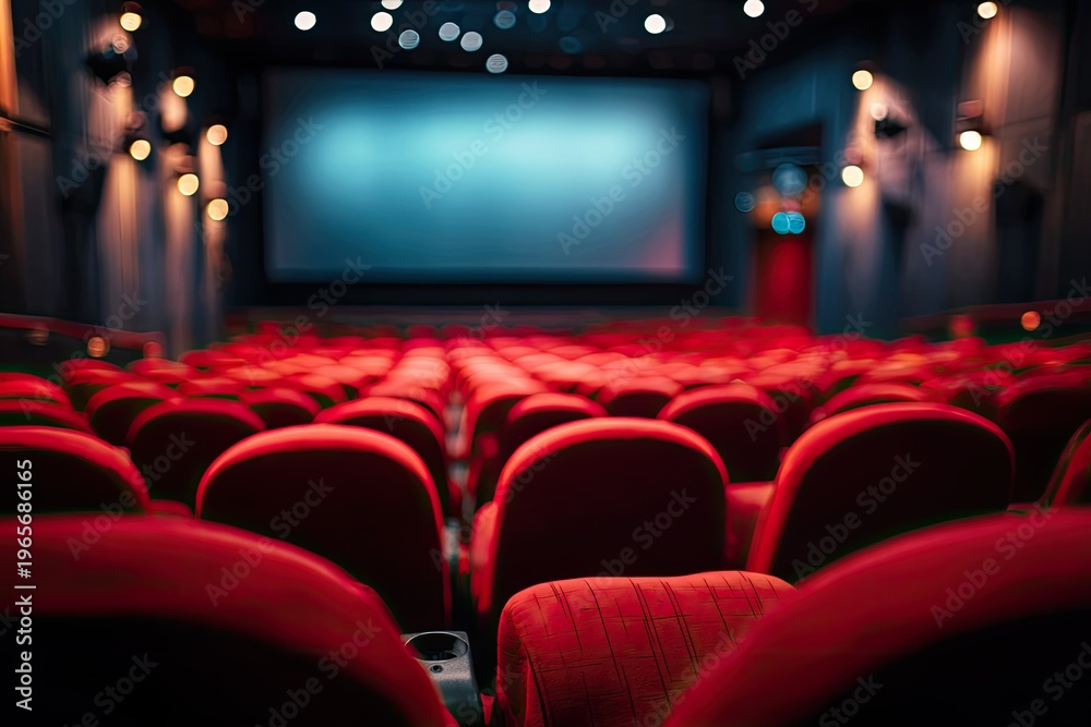 Fototapeta premium Empty movie theatre with rows of red seats, bright screen, and decorative wall lighting