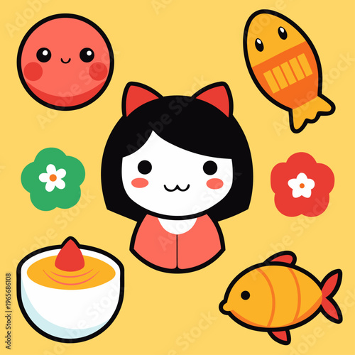 A cute cartoon girl with black bob hair and a red cat ear headband is surrounded by two fish and floral icons on a yellow backdrop.