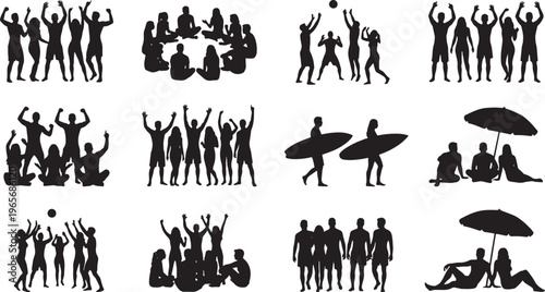 Black silhouette of diverse human activities and animals under umbrellas black silhouettes people rain