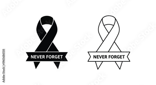 Black awareness ribbon with Never Forget text, mourning and memorial symbol vector set, funeral and remembrance ribbon icons on white background