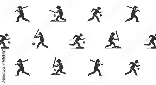 Black silhouettes of baseball players in various action poses on a white background, depicting batting, running, and fielding movements.