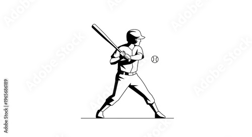 Vigorous black and white illustration of a baseball batter mid-swing, making powerful contact with the ball, symbolizing competitive spirit, athletic prowess, and the excitement of the game