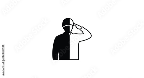 Military soldier saluting icon vector, minimalist army officer silhouette, black and white veteran tribute symbol, patriotic service member graphic