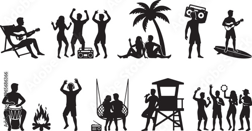 Black silhouette of diverse human activities and symbols on white background black silhouettes human figures