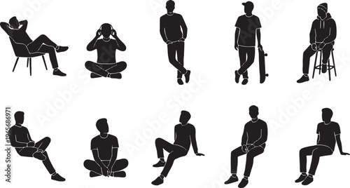 Black silhouette of diverse people in various sitting and standing poses black silhouettes