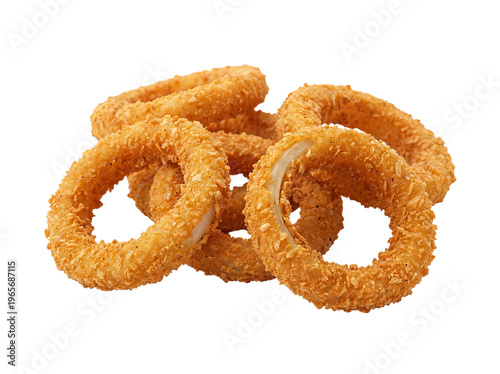 Golden fried onion rings, crispy breaded appetizer rings, crunchy deep fried snack food, savory fast food side dish with panko texture isolated PNG with Transparent Background