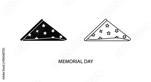 Memorial Day folded American flag icons, ceremonial triangle burial flag vector set, black and white patriotic symbols for military honor and remembrance