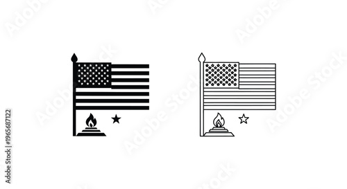 American flag memorial vector icons, United States flag with eternal flame and star, patriotic US symbols in black solid and outline styles
