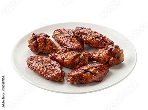 Grilled chicken wings with barbecue glaze, roasted buffalo wings on white plate, glazed poultry appetizers for restaurant menu and catering isolated PNG with Transparent Background