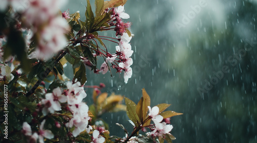 Soft rain falls on delicate pink blossoms
