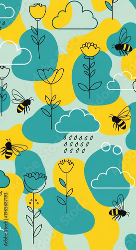 Modern Stylized Spring Pattern with Cartoon Bees Clouds and Tall Flora