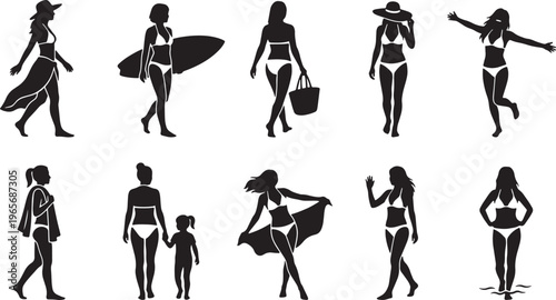 Black silhouette of people performing various daily activities and chores walking