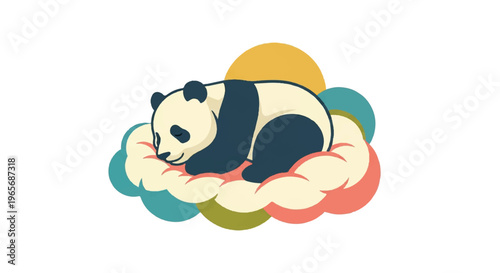 Cartoon panda resting on a cloud with colorful elements