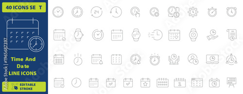 Minimalist time and date line icons, set of 40 editable stroke vector elements, professional calendar and clock symbols for business scheduling
