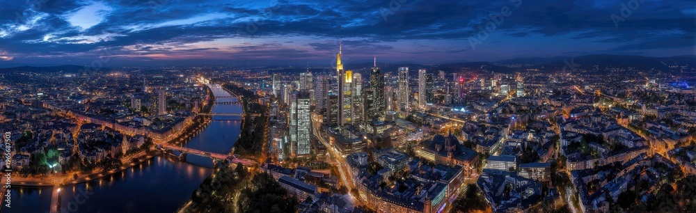 Fototapeta premium Aerial panorama of a city at dusk, with illuminated buildings, a river, and a colorful sky