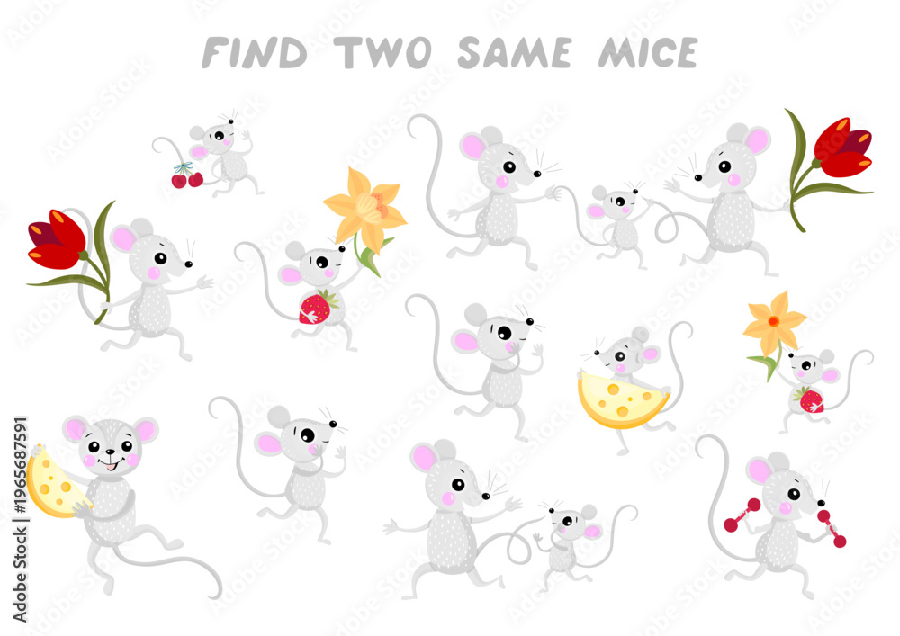 Fototapeta premium Find two same mice. Educational game for children with comparing objects and finding two identical ones. 