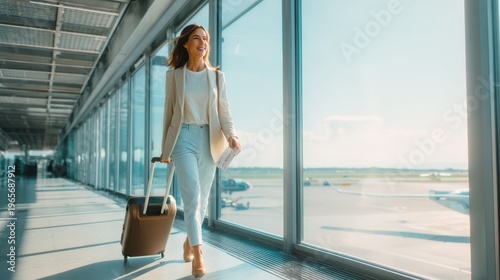 Woman walking with suitcase along airport window corridor