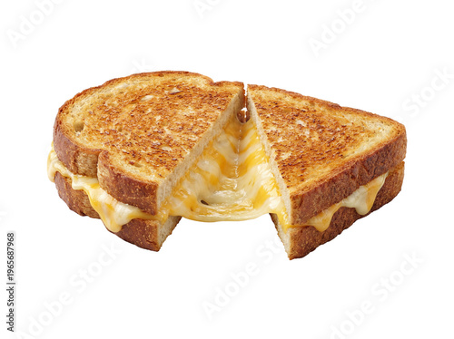 Grilled cheese sandwich with melted cheddar, toasted sourdough bread slices, gooey cheese pull on a hot buttery panini, classic comfort food snack isolated PNG with Transparent Background