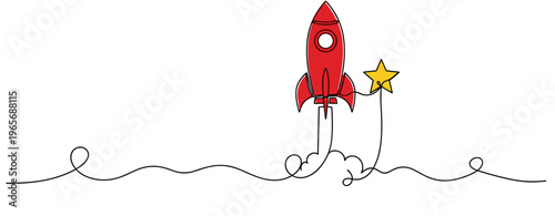 Red rocket launching toward star on white background. no editable strokes