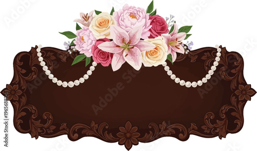 A beautiful floral arrangement on a decorative brown plaque with pearls