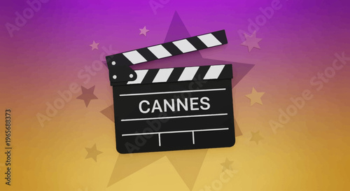 A stylish flat design illustration of a clapperboard with 'Cannes' inscribed, surrounded by celebratory stars. This minimalist vector icon represents the action and excitement of the film festival.