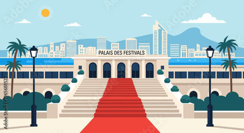 A vibrant flat design illustration capturing the famous steps of the Palais des Festivals with the scenic Cannes cityscape and the Mediterranean Sea in the background. 