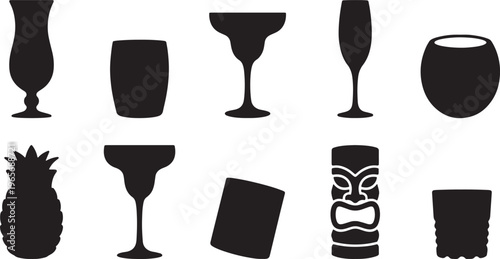 Black silhouette of various including a wine glass a lightbulb a paintbrush a camera a mushroom a Christmas tree a mushroom a mushroom a mushroom and a mushroom