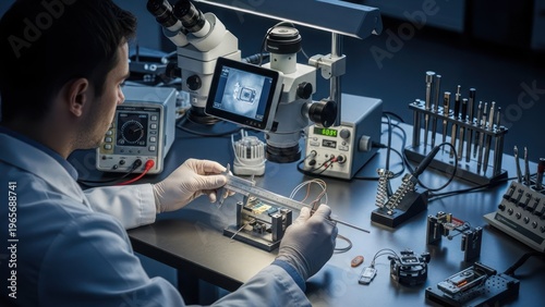 Scientist examining intricate electronic components with tools and a microscope in a laboratory