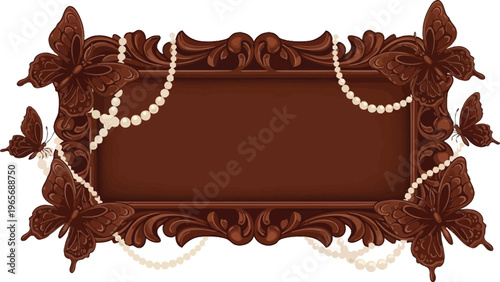 A beautifully designed brown picture frame with pearls and butterflies on a white background