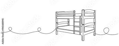 Wooden bunk bed drawn in continuous line bedroom illustration. no editable strokes
