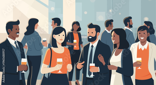 A flat design illustration depicting a group of diverse, stylized professionals networking at a film industry event. 