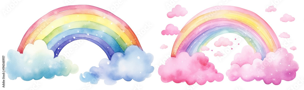 Obraz premium PNG Colorful watercolor rainbows with clouds on transparent background