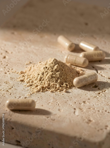 Powder and Capsules on Stone Background