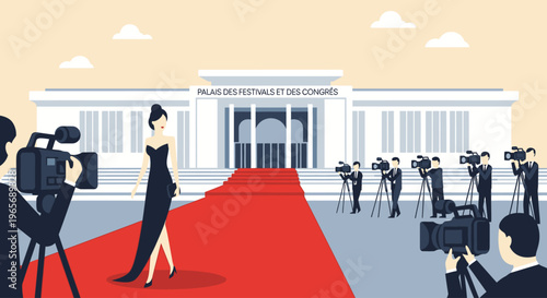 A flat design illustration depicting elegant figures walking the legendary red carpet towards the Palais des Festivals. 